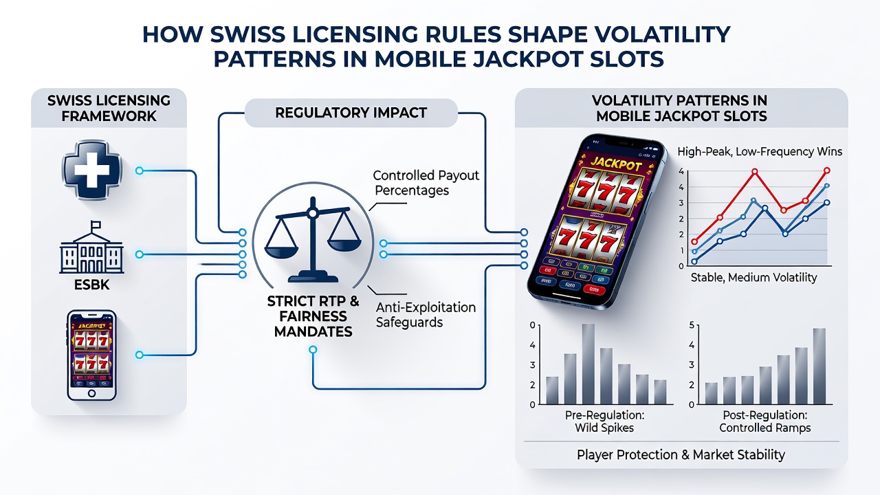 Mobile jackpot slot interface showing volatility indicators under Swiss licensing